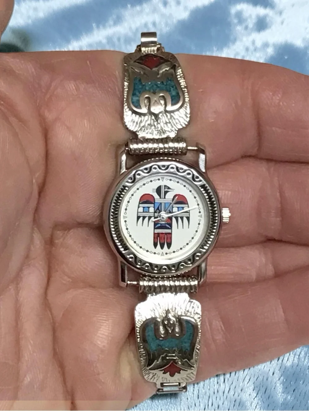 Navajo Sterling Turquoise/Coral Inlay Thunderbird Tips + Black Apache Watch